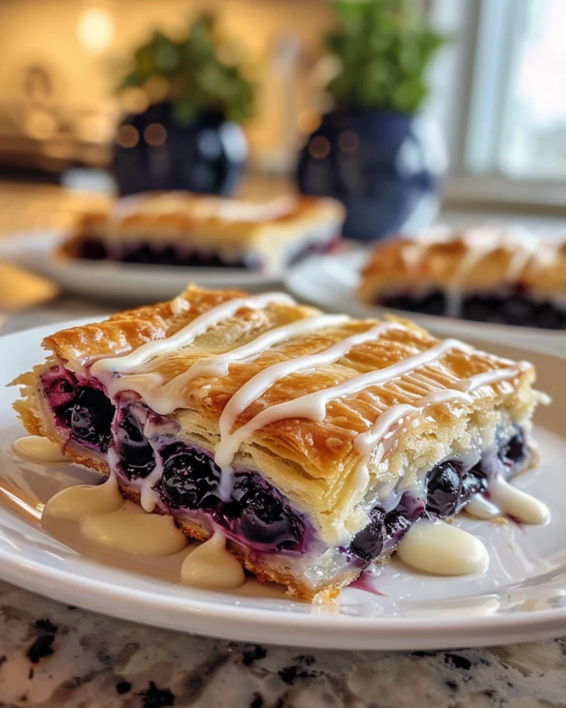 Blueberry Cream Cheese Danish Bars: Buttery Layers, Lush Filling & Pure Comfort 2 Overhead view of sliced blueberry cream cheese Danish bars on parchment paper, topped with lemon glaze and surrounded by fresh blueberries and a cup of coffee in natural sunlight.