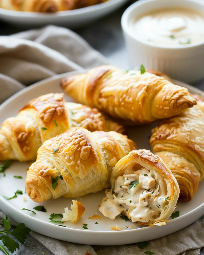 Cheesy Chicken Crescent Rolls 2 Close-up of cheesy chicken crescent rolls served on a rustic plate with dipping sauce.