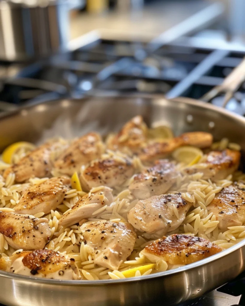 Garlic Butter Lemon Chicken Orzo: 5 Irresistible Reasons This Creamy One Pan Dinner Wins Every Time 3 Chicken pieces searing in garlic butter in a skillet, with orzo pasta and lemon zest being stirred in.