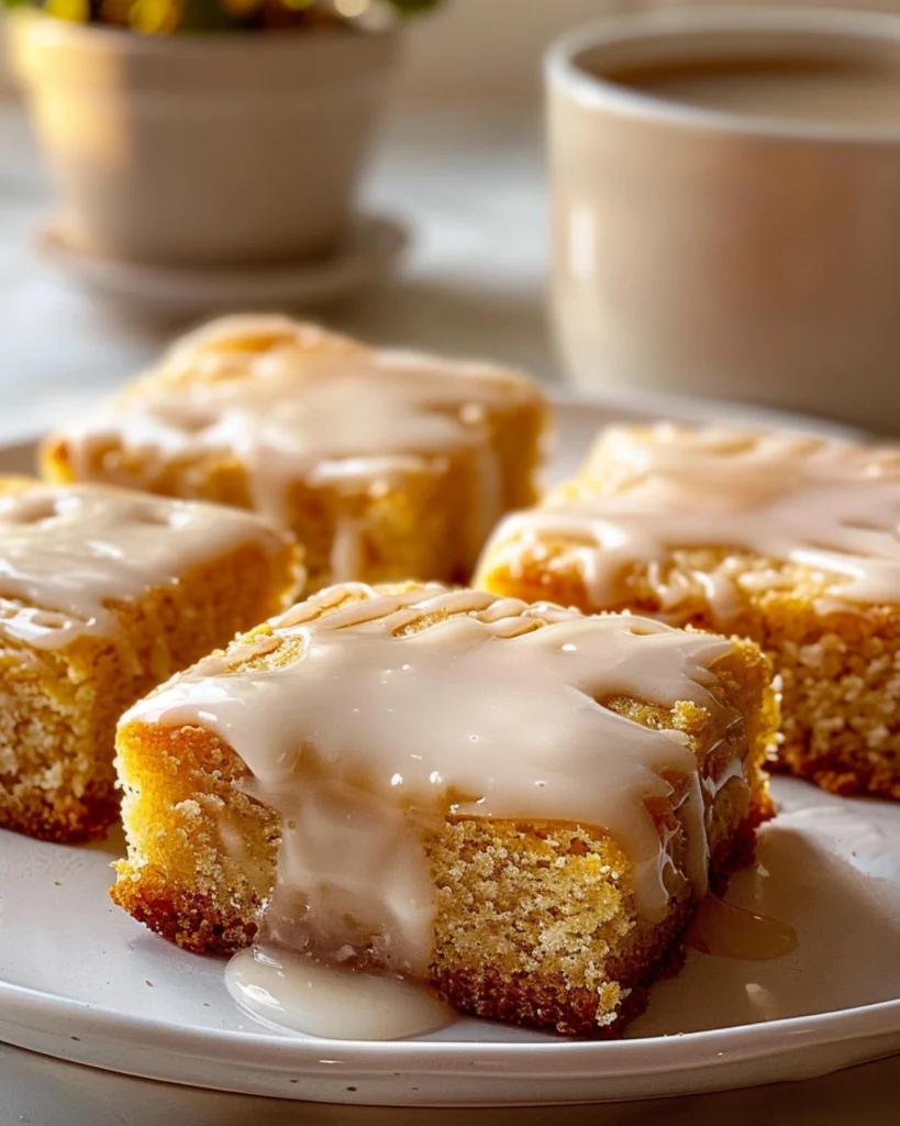 Fluffy Baked Maple Donut Bars: A Cozy Bakery Treat Made Easy 2 Overhead view of sliced maple donut bars on a marble counter, coated with glossy maple glaze and sprinkled with crushed pecans, with a cup of coffee nearby in soft daylight.