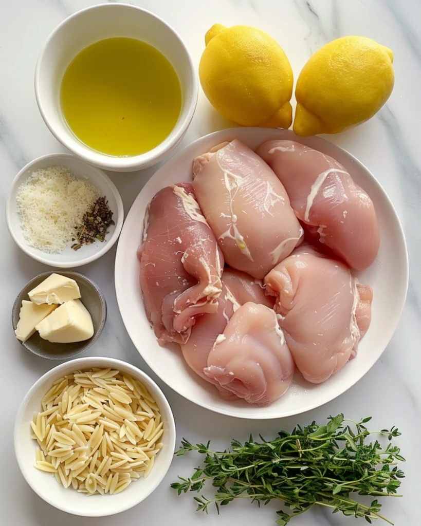 Garlic Butter Lemon Chicken Orzo: 5 Irresistible Reasons This Creamy One Pan Dinner Wins Every Time 2 Flat lay of ingredients for Garlic Butter Lemon Chicken Orzo -chicken breasts, orzo pasta, lemons, garlic, butter, Parmesan, and herbs on a marble countertop.