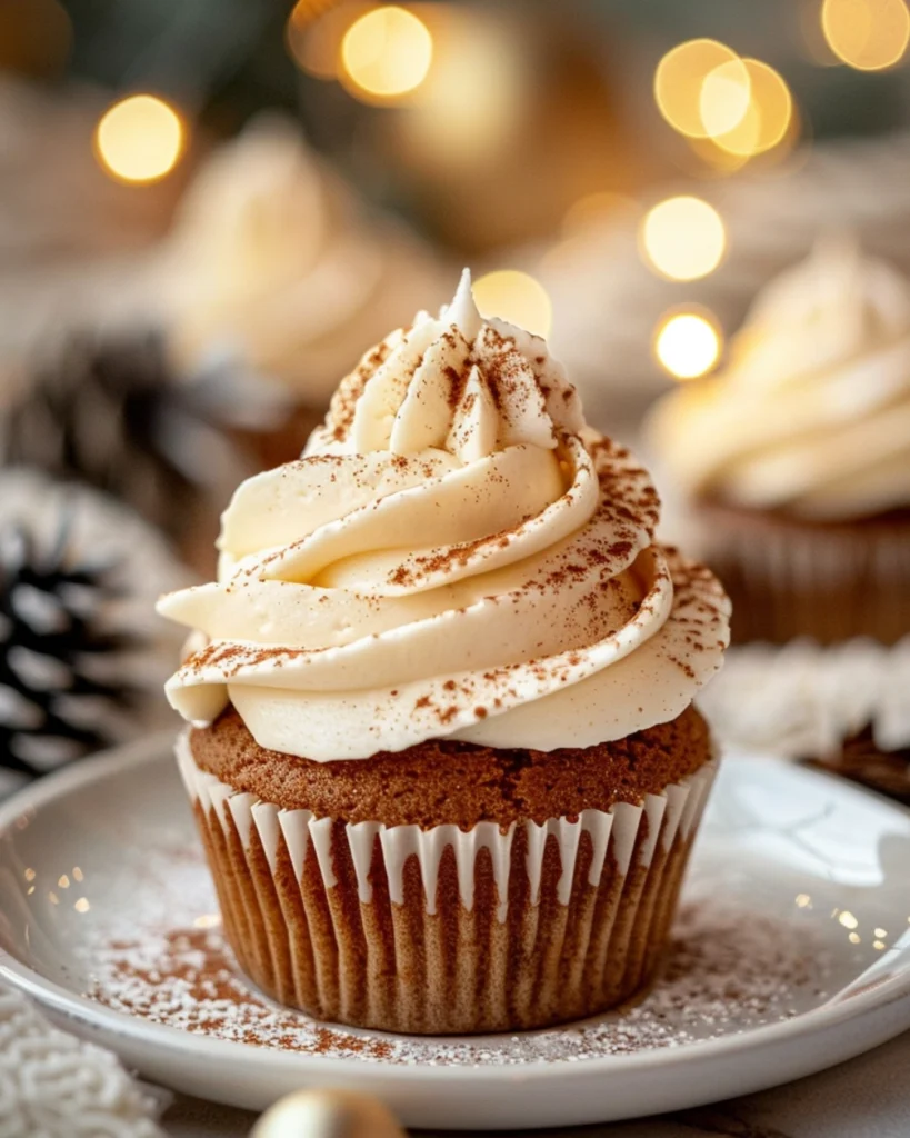 Soft Gingerbread Cupcakes with Cream Cheese Frosting 2 Close-up of a frosted Gingerbread Cupcake on a white plate, dusted with cinnamon and surrounded by festive holiday decor.