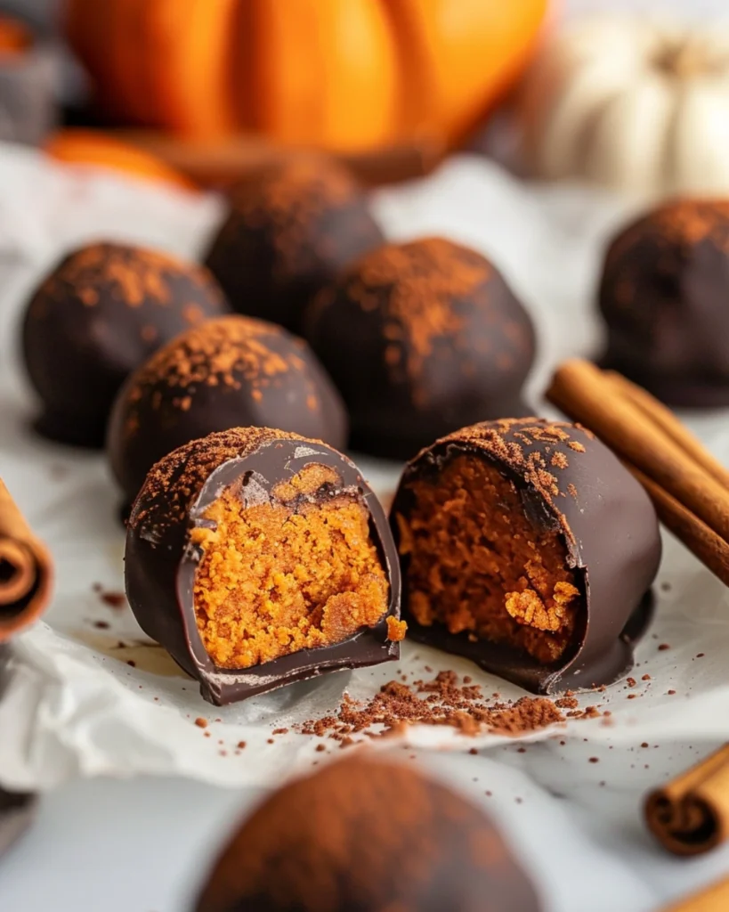 Healthy Pumpkin Truffles (No-Bake Fall Dessert) 2 Close-up of Healthy Pumpkin Truffles coated in dark chocolate with creamy pumpkin filling