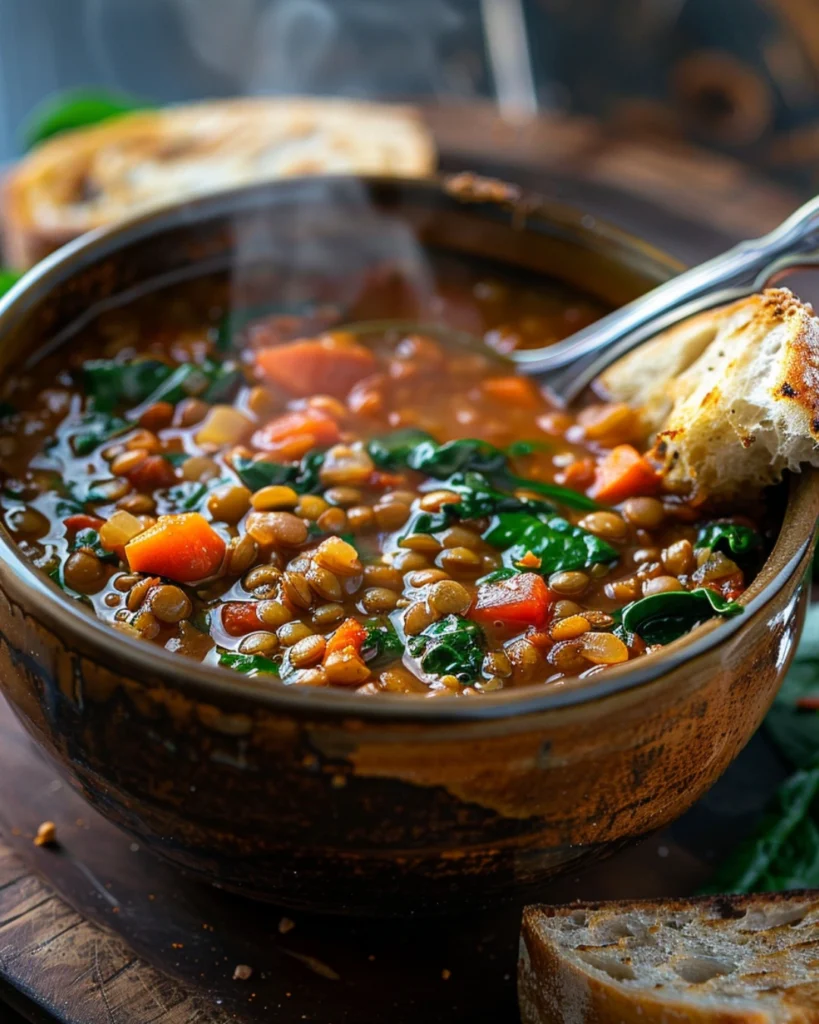 High-Protein Lentil and Spinach Soup: The Cozy Bowl That Energizes Your Day 2 Overhead view of two bowls of lentil and spinach soup on a bright marble countertop, garnished with lemon wedges, parsley, and slices of crusty bread on the side.