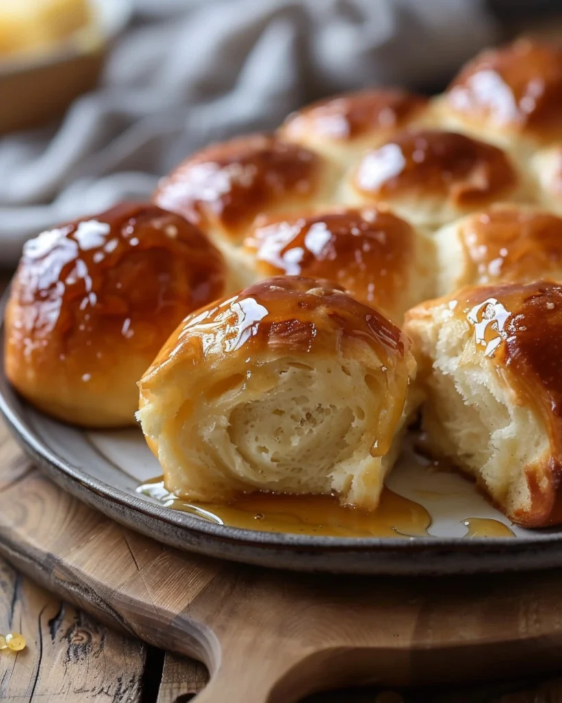 Sweet Honey Butter Pull-Apart Rolls — The Perfect Cozy Side 2 Close-up of soft Honey Butter Pull-Apart Rolls on a rustic plate with honey drizzle.