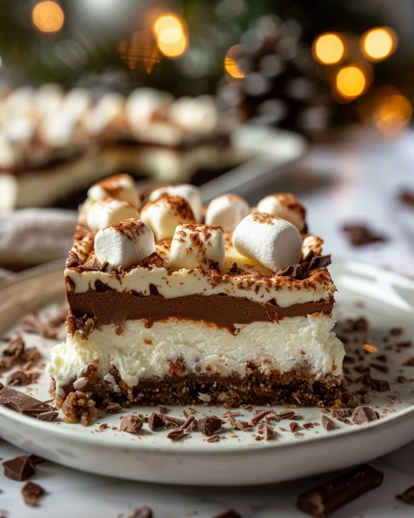 Hot Cocoa Cheesecake Bars -Easy Holiday Dessert 2 Close-up of a single Hot Cocoa Cheesecake Bar with marshmallows and chocolate drizzle.