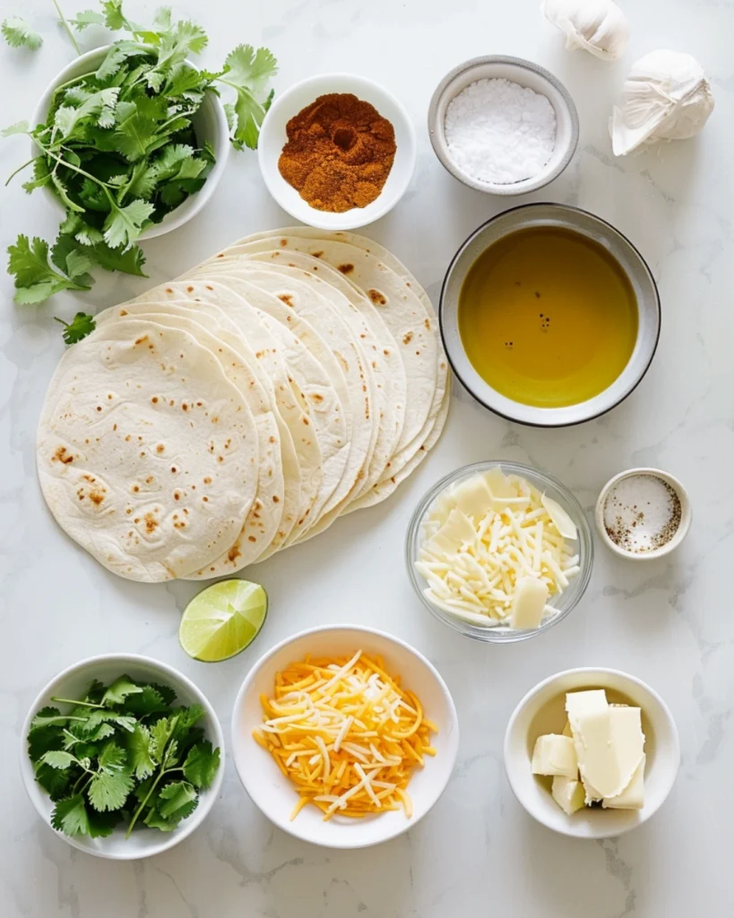 Cheesy Quesadilla Recipe: 5 Easy Steps to the Ultimate Crispy Comfort Dinner 2 Overhead view of Ingredients for Cheesy Quesadilla , tortillas, cheese, chicken, and herbs on a modern white countertop.