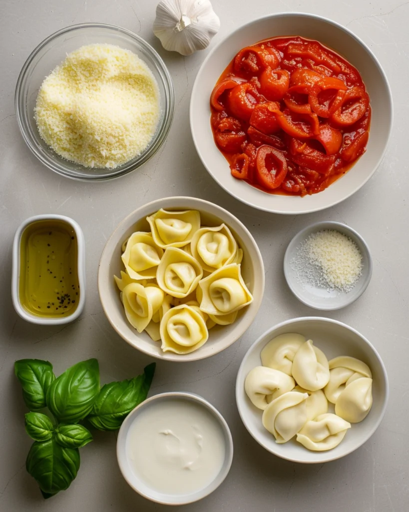 Creamy Tomato Basil Tortellini: 5-Star Delicious Weeknight Comfort 2 Flat lay of ingredients for creamy tomato basil tortellini including tortellini, garlic, tomatoes, basil, Parmesan, and cream