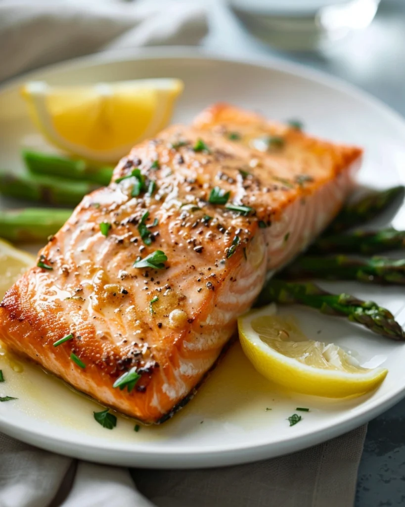 Lemon Herb Butter Salmon and Asparagus | Easy One-Pan 2 Angled shot of lemon butter salmon and asparagus on a dinner plate with herbs and lemon wedges.