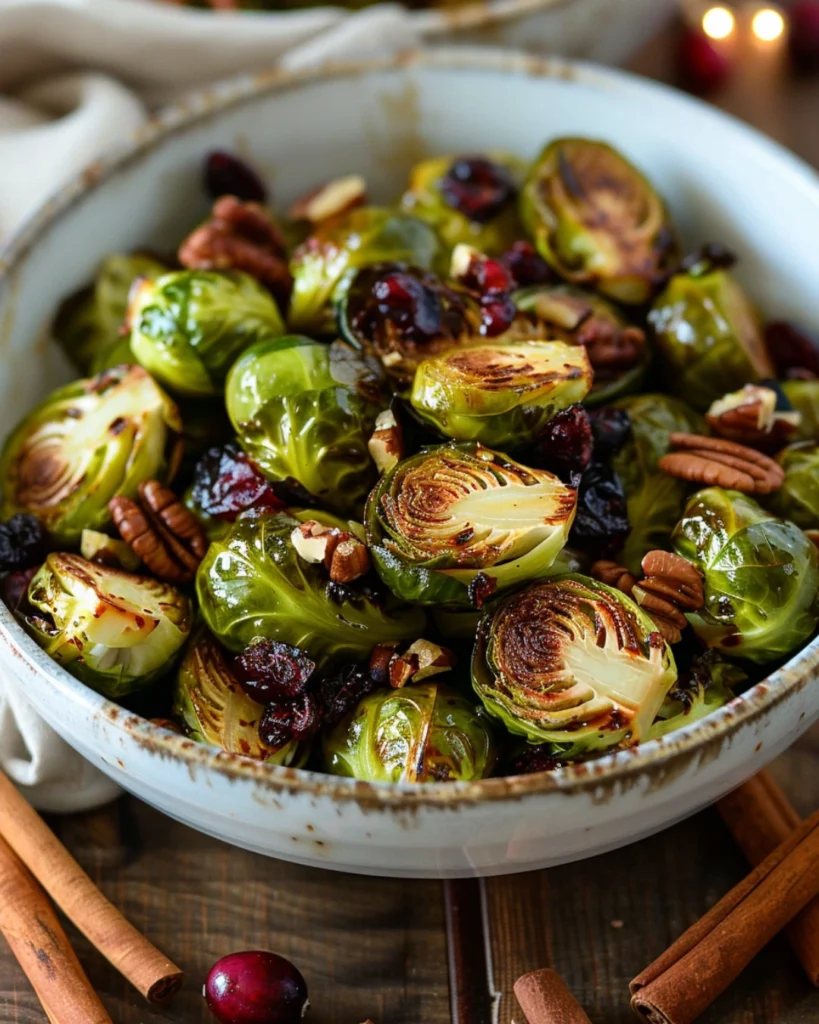 Maple Roasted Brussels Sprouts — Sweet & Savory Fall Side 2 Close-up of maple roasted Brussels sprouts with cranberries and pecans served in a white bowl.