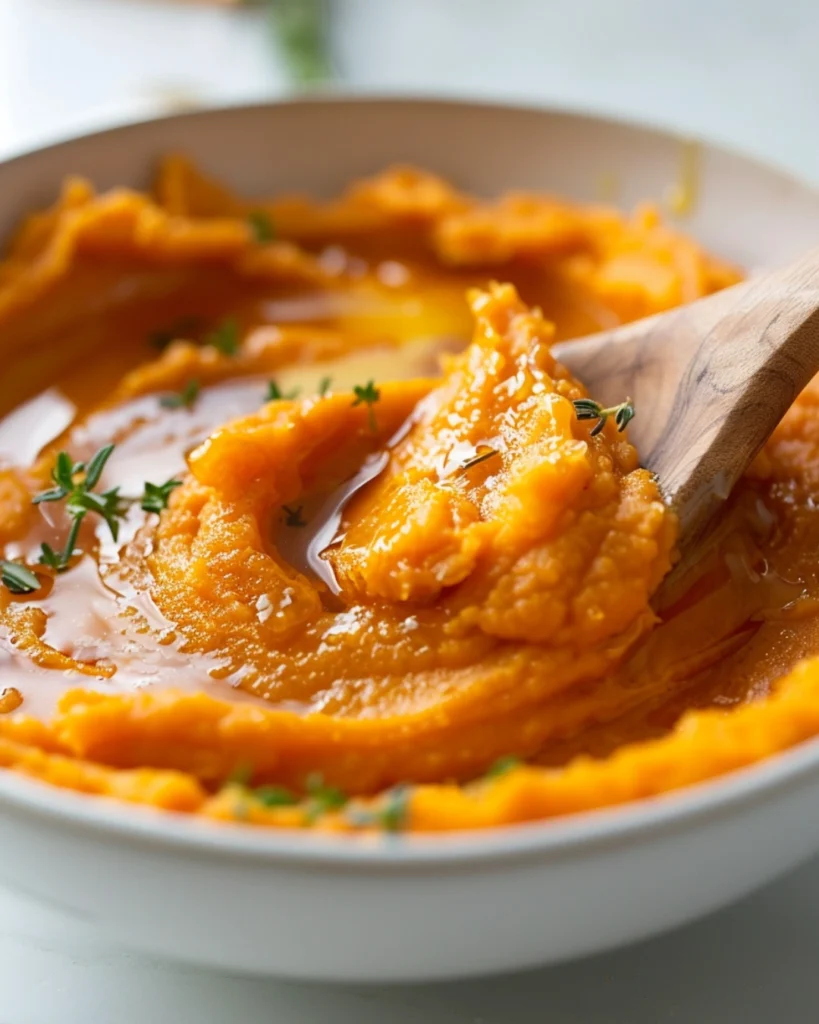 Cranberry Apple Twice-Baked Sweet Potatoes: 5 Star Delicious Cozy Side Dish 3 Mashed sweet potatoes in a white mixing bowl with maple syrup and butter being stirred with a wooden spoon