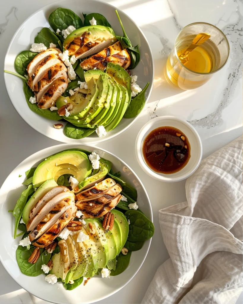 Avocado Spinach Salad with Grilled Chicken: Fresh, Protein-Packed & Delicious 2 Overhead view of two bowls of avocado spinach salad with grilled chicken, fanned avocado slices, baby spinach, feta crumbles, and pecans, drizzled with vinaigrette, on a white marble countertop with a linen napkin and lemon water glass in soft daylight.