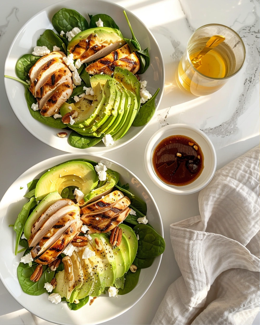 Overhead view of two bowls of avocado spinach salad with grilled chicken, fanned avocado slices, baby spinach, feta crumbles, and pecans, drizzled with vinaigrette, on a white marble countertop with a linen napkin and lemon water glass in soft daylight.