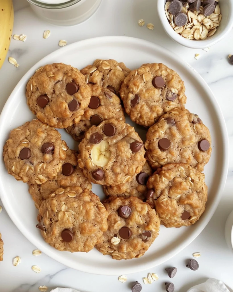 Ripe Banana Cookies – Simple, Sweet & Full of Comfort 2 Overhead view of soft, golden banana cookies arranged on a white ceramic plate on a marble countertop, with one cookie broken in half to reveal its chewy center. A few chocolate chips, banana slices, and a glass of milk are placed nearby in a bright modern kitchen setting.
