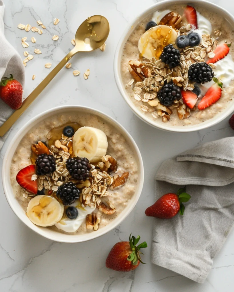 Breakfast Pudding: Cozy, Creamy & Comfort in a Bowl 2 Overhead view of breakfast pudding served in two small bowls on a marble surface, topped with bananas, berries, and honey drizzle, with a gold spoon and linen napkin beside in soft natural light.