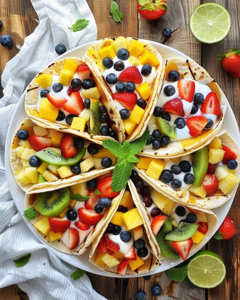 Fruit Tacos: Colorful, Fresh & Naturally Sweet 2 Overhead view of three fruit tacos arranged on a white plate, filled with colorful fruits like kiwi, strawberries, pineapple, and mango, topped with yogurt drizzle and garnished with mint leaves on a light wooden table.