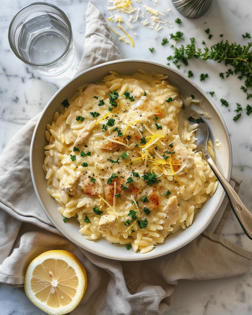Garlic Butter Lemon Chicken Orzo: One-Pan Comfort at Its Best 2 Overhead view of a serving bowl of garlic butter lemon chicken orzo, topped with lemon slices, parsley, and parmesan, placed on a marble surface with a spoon and linen napkin nearby.