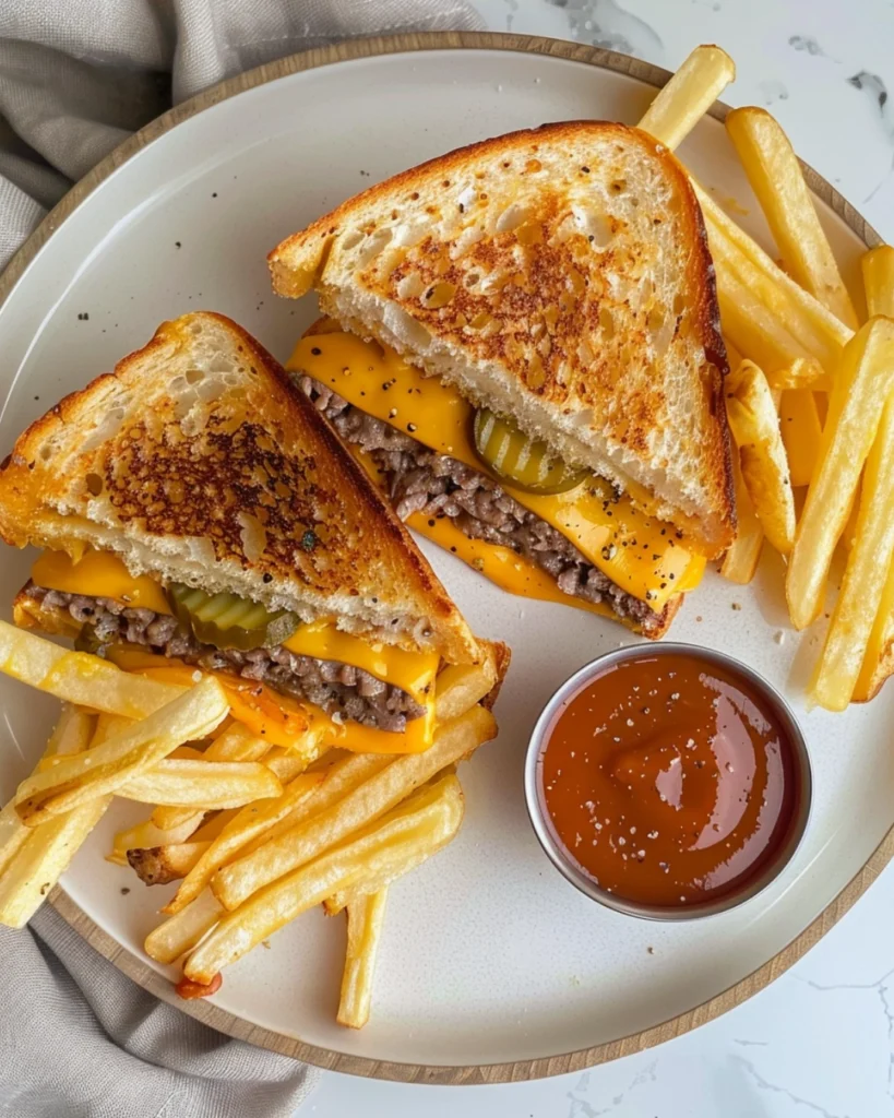 Grilled Cheese Patty Melts – Golden, Gooey & Irresistibly Cheesy 2 Overhead view of grilled cheese patty melts cut in half on a wooden board, cheese melting between layers, with pickles and fries on the side in a bright kitchen setting.