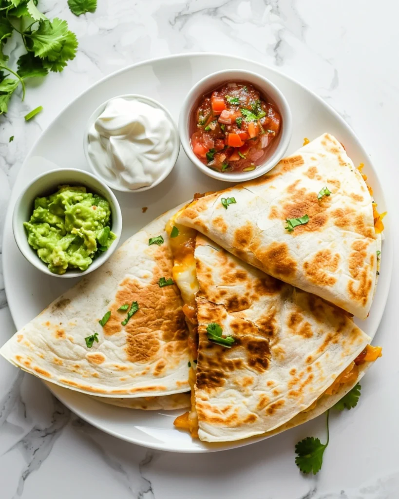 Breakfast Quesadillas Recipe: 5 Easy Steps to a Crispy, Cheesy Morning Start 7 Overhead view of breakfast quesadillas with salsa, guacamole, and sour cream on a white marble counter.