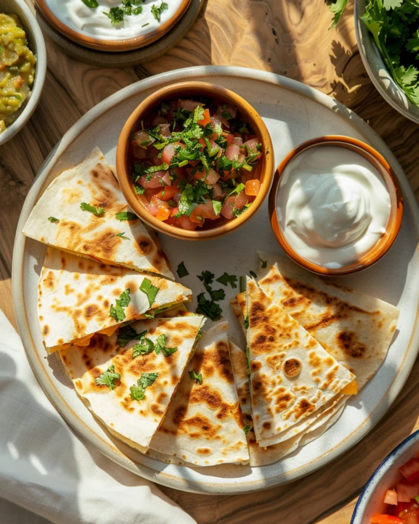 Cheesy Quesadilla Recipe: 5 Easy Steps to the Ultimate Crispy Comfort Dinner 5 Overhead shot of quesadillas served with Mediterranean dips and sides on a light wood table.