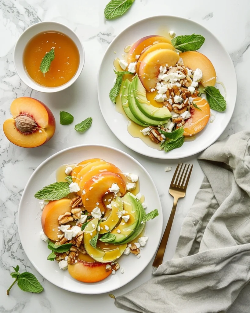 Peach Avocado Salad: Fresh, Creamy & Naturally Sweet 2 Overhead view of a serving plate with peach avocado salad topped with feta, pecans, and mint leaves, surrounded by sliced peaches, lemon wedges, and a linen napkin on a white marble surface in soft sunlight.