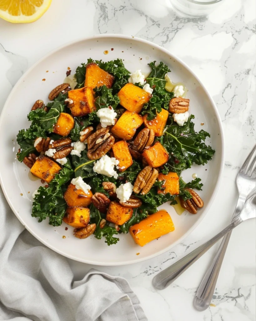 Roasted Butternut Squash & Kale Salad - Fall’s Favorite Bite 2 Overhead view of a serving plate with roasted butternut squash and kale salad topped with pecans, cranberries, and goat cheese crumbles on a light marble surface with a linen napkin and wooden fork nearby.