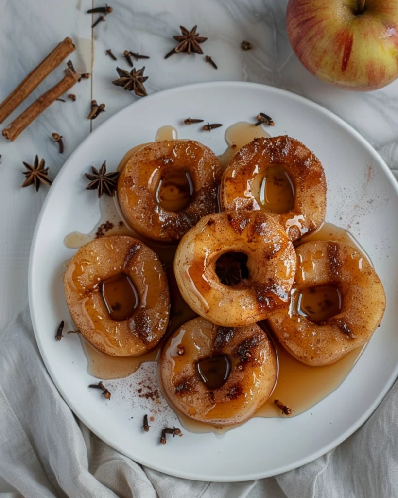 Sweet & Homemade Spiced Apple Rings-Simple, Healthy, Nostalgic 2 White plate filled with glossy red spiced apple rings drizzled with syrup, garnished with cinnamon sticks and cloves, placed on a bright kitchen table with warm sunlight, cozy, homemade fall dessert presentation.