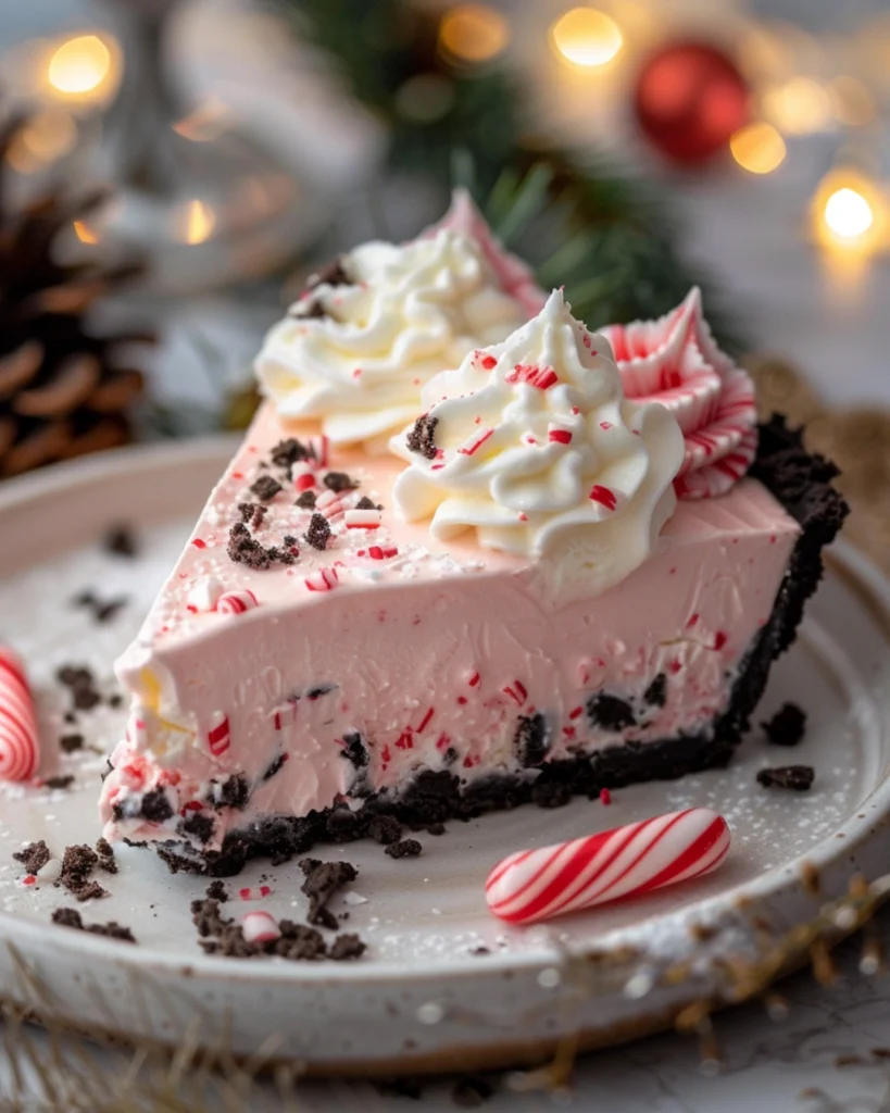 Creamy Peppermint Pie with Oreo Crust & Candy Cane Crunch 2 Slice of Christmas Peppermint Pie with whipped cream and crushed candy canes on a white plate.