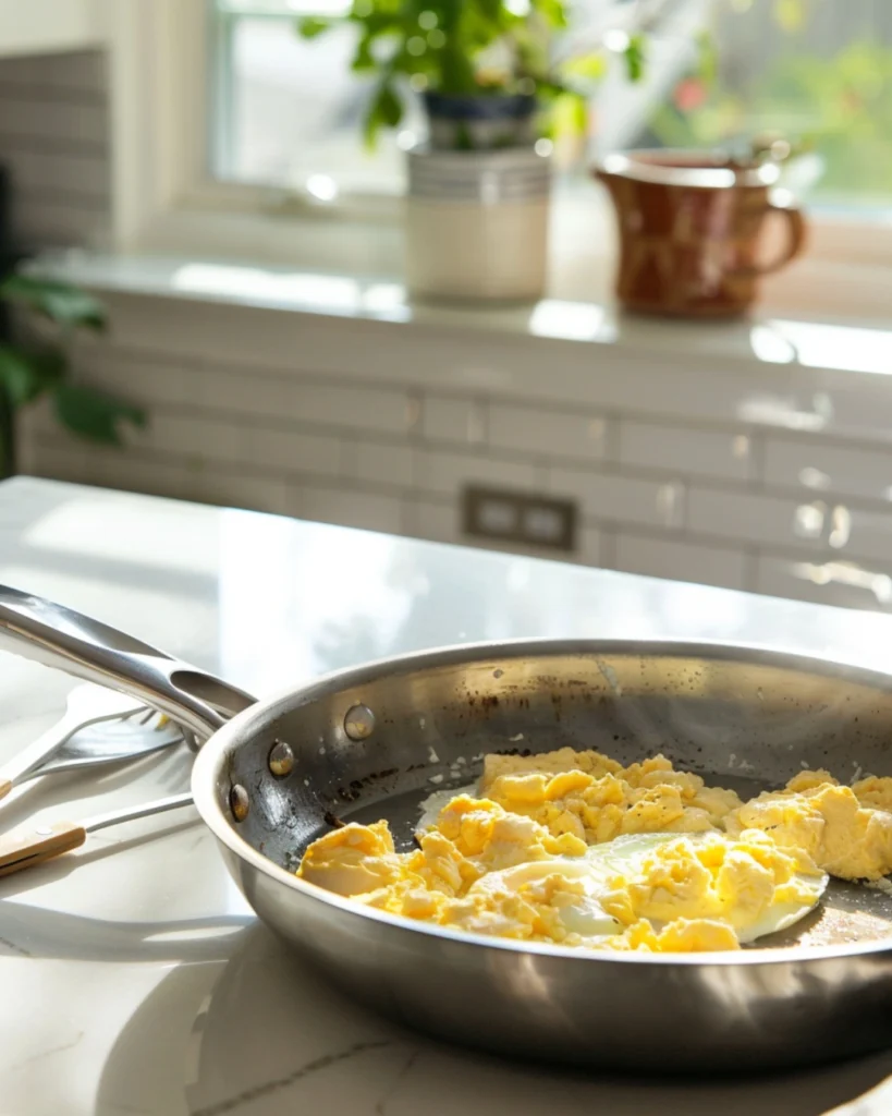 Breakfast Quesadillas Recipe: 5 Easy Steps to a Crispy, Cheesy Morning Start 3 Soft scrambled eggs cooking in a nonstick skillet with butter in a bright modern kitchen