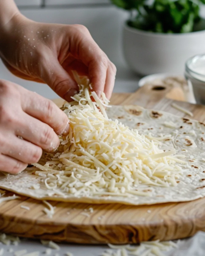 Cheesy Quesadilla Recipe: 5 Easy Steps to the Ultimate Crispy Comfort Dinner 3 Hands layering cheese on a tortilla in a bright modern kitchen.