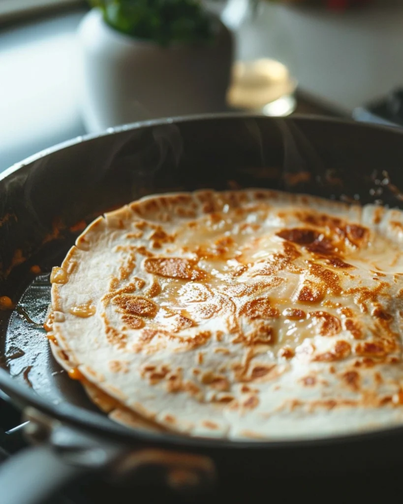 Cheesy Quesadilla Recipe: 5 Easy Steps to the Ultimate Crispy Comfort Dinner 4 Quesadilla turning golden in a skillet on a modern stovetop.