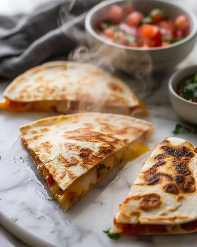 Breakfast Quesadillas Recipe: 5 Easy Steps to a Crispy, Cheesy Morning Start 6 Sliced breakfast quesadilla wedges on a marble counter with a small bowl of salsa.