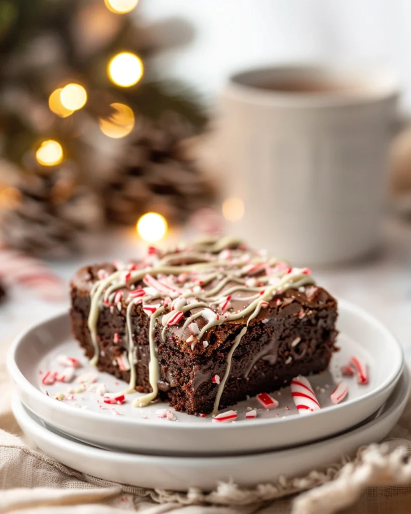 Fudgy Peppermint Brownies -Festive & Easy! 2 Close-up of a Fudgy Peppermint Brownie topped with candy canes and white chocolate drizzle on a white dessert plate.