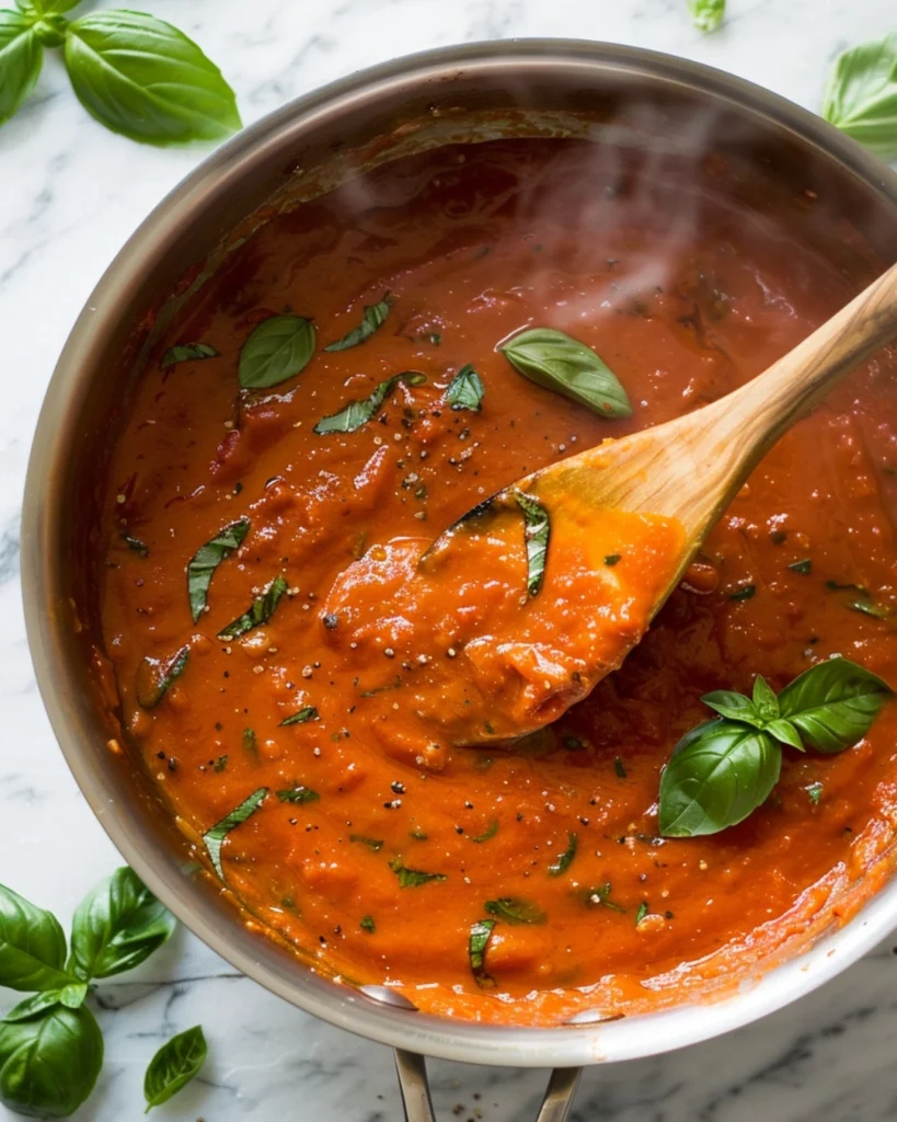 Creamy Tomato Basil Tortellini: 5-Star Delicious Weeknight Comfort 3 Rich tomato basil cream sauce simmering in a pan with a wooden spoon in a modern kitchen