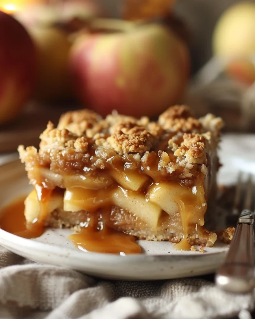 Caramel Apple Crumble Bars 🍎 (The Perfect Fall Dessert!) 2 Close-up of a Caramel Apple Crumble Bar on a dessert plate with caramel drizzle and cinnamon sprinkle.
