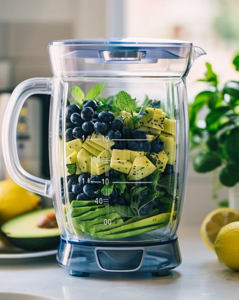 Blueberry Avocado Smoothie – 5-Min Power Blend for Vibrant Energy 3 smoothie ingredients layered in a blender