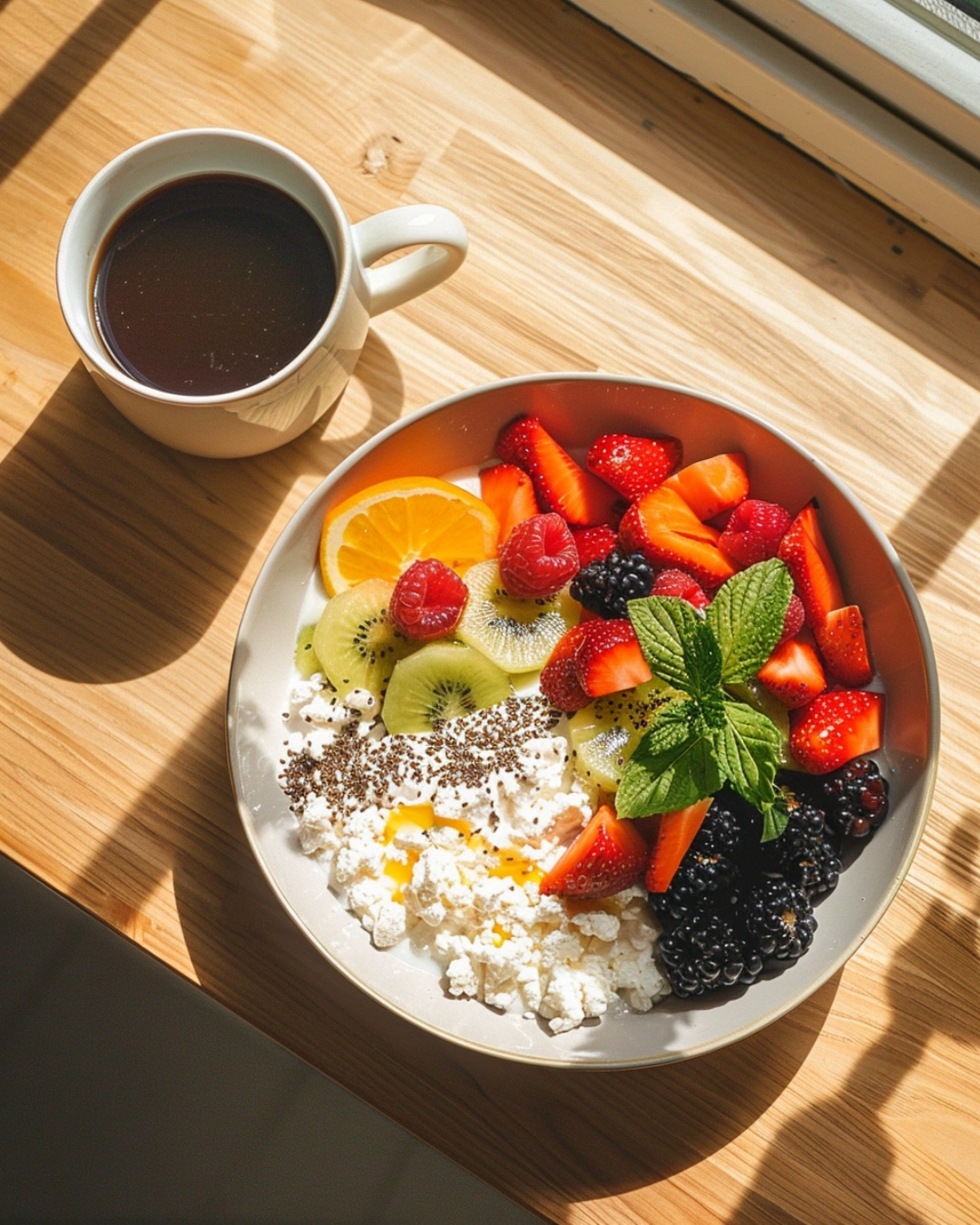 Cottage Cheese Fruit Bowl served on a breakfast table with coffee and juice