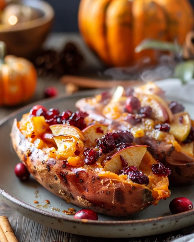 Cozy Cranberry Apple Twice-Baked Sweet Potatoes For Thanksgiving 2 Close-up of cranberry apple twice-baked sweet potatoes topped with pecans and cranberries on plate.