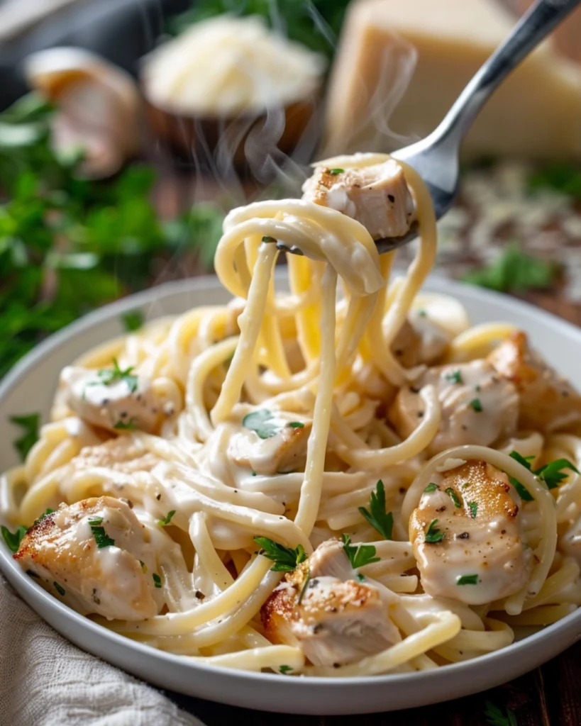 One-Pan Garlic Chicken Pasta — Dinner in 30 Minutes! 2 Close-up of creamy garlic chicken pasta twirled on a fork with parmesan.