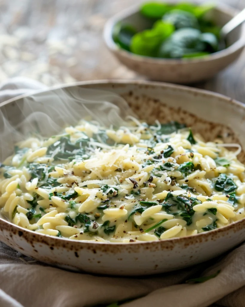 creamy spinach orzo with Parmesan – Irresistible Parmesan in 20 Mins 5 Final creamy spinach orzo with parmesan in bowl