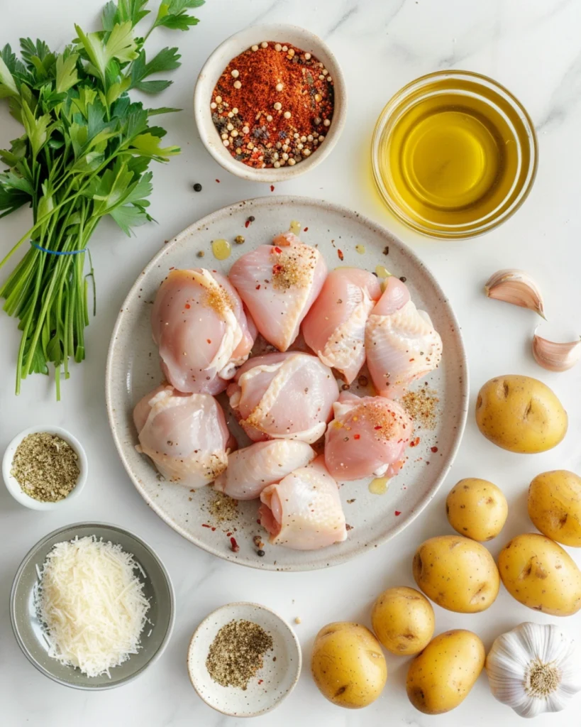 Baked Garlic Parmesan Chicken and Potatos – Irresistible 1-Pan Dinner 2 Ingredients for garlic parmesan chicken and potatoes on modern countertop