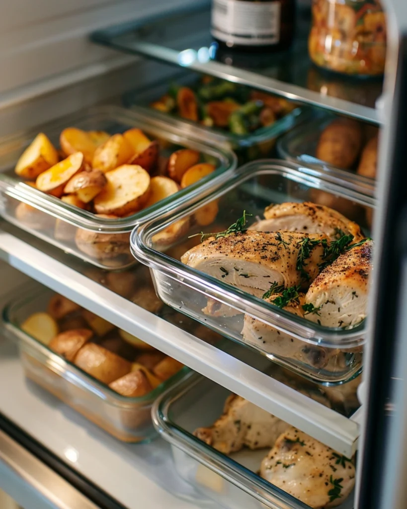 Baked Garlic Parmesan Chicken and Potatos – Irresistible 1-Pan Dinner 5 Garlic parmesan chicken leftovers stored in modern fridge