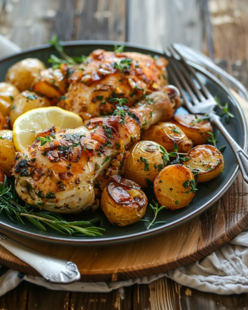 Baked Garlic Parmesan Chicken and Potatos – Irresistible 1-Pan Dinner 4 Garlic parmesan chicken and potatoes served on a modern table
