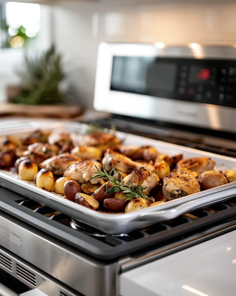 Baked Garlic Parmesan Chicken and Potatos – Irresistible 1-Pan Dinner 3 Garlic parmesan chicken and potatoes going into a modern oven