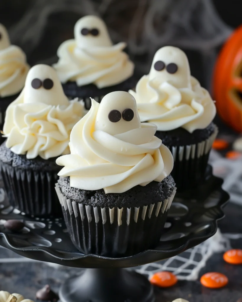 Ghostly Cupcakes: 5 Easy Steps to the Ultimate Halloween Treat 5 Ghost cupcakes served on a party stand