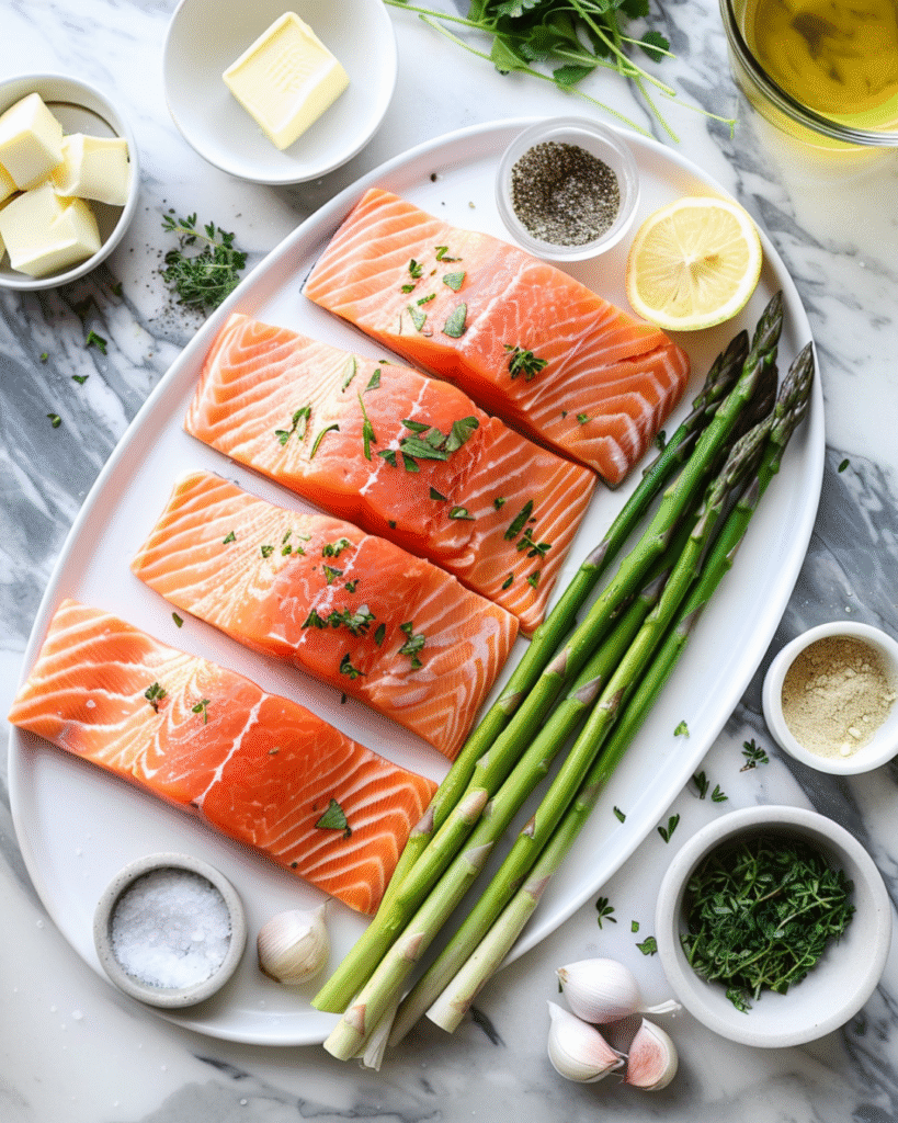 Lemon Herb Butter Salmon and Asparagus: 5 Star Easy Dinner with Bright Flavor 2 Overhead view of Lemon herb butter salmon and asparagus, butter, garlic, and herbs arranged on marble countertop