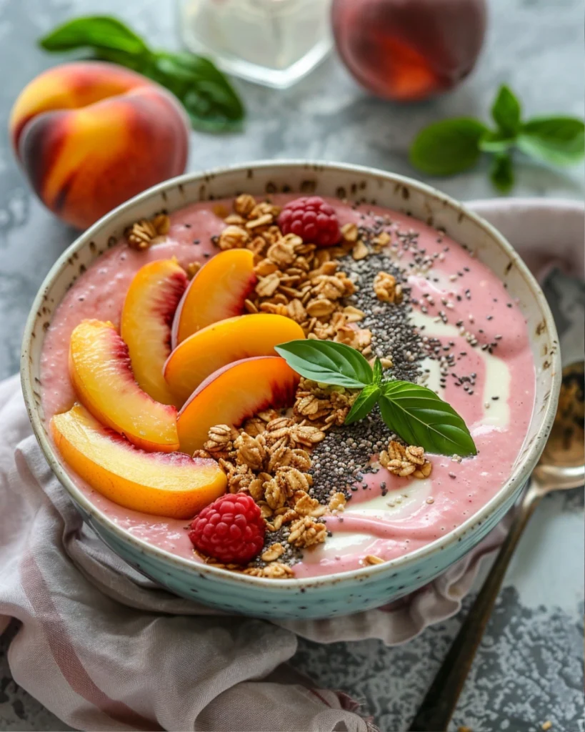 Peaches and Cream Smoothie – 5-Min Delight with Creamy Twist 4 Peach smoothie bowl with toppings