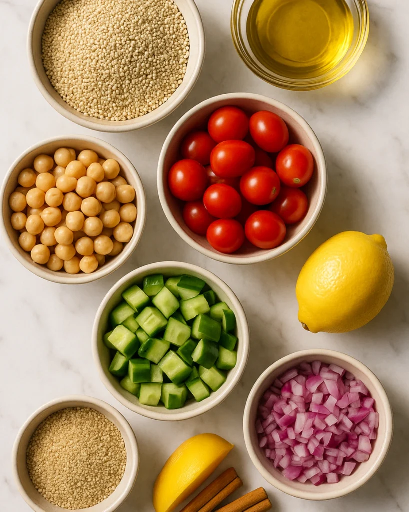 Quinoa Chickpea Salad: 5 Easy Steps to a Fresh, Protein-Packed Meal 2 Ingredients for Quinoa Chickpea Salad arranged on a marble counter