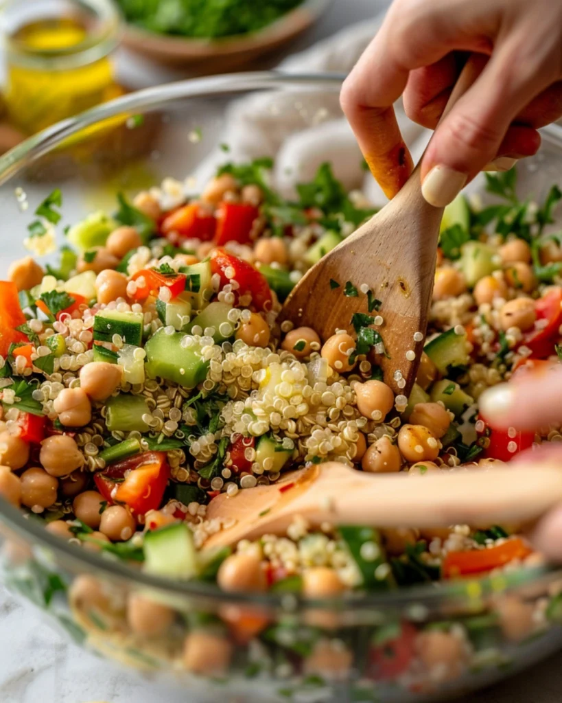 Quinoa Chickpea Salad: 5 Easy Steps to a Fresh, Protein-Packed Meal 3 Mixing Quinoa Chickpea Salad ingredients with olive oil and lemon dressing
