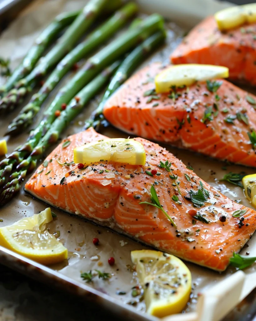 Lemon Herb Butter Salmon and Asparagus: 5 Star Easy Dinner with Bright Flavor 4 Unbaked salmon fillets and asparagus on foil, brushed with lemon butter sauce and fresh herbs.